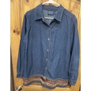 Willow Ridge Denim Shirt Jacket‎ Women's Petite L Embroidered Velvet Trim PL